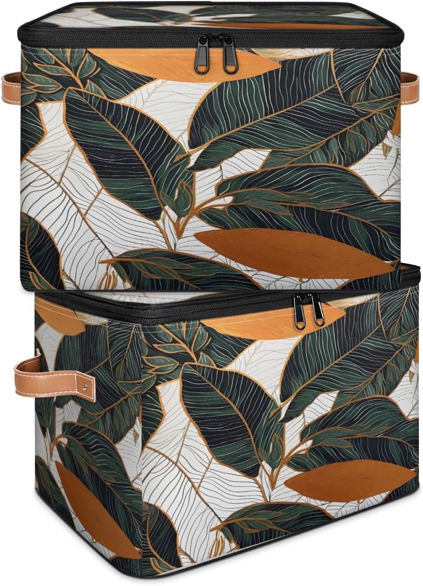 Storage Bin Set of 2 Abstract Art Leaf Storage Basket with Zipper Lid & Handle Foldable Closet Shelf 2 Pack Cloth Organizer Basket Cube Bins Clothes Organizer for Bedroom, Nursery