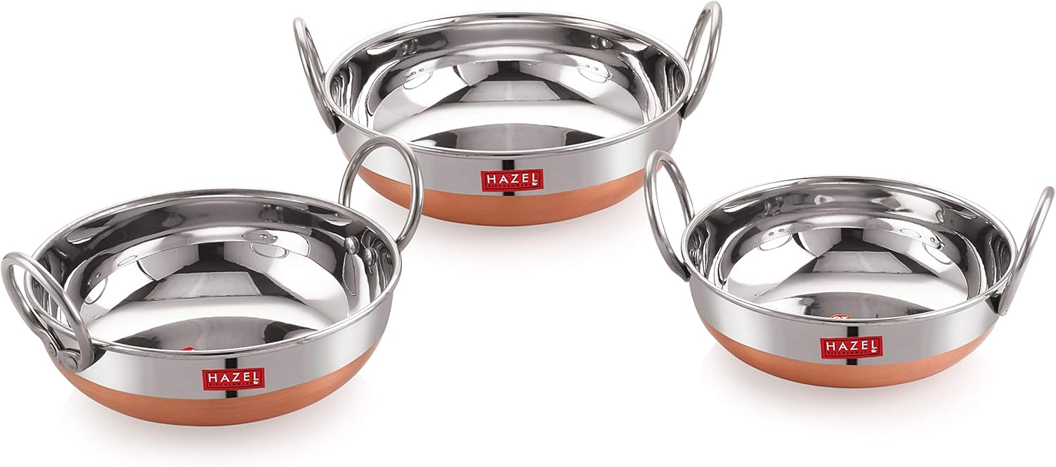 HAZEL Alfa 18 Gauge Premium Stainless Steel & Copper Bottom Kadai Without Lid, Set of 3, 1000-1800 ml, Silver & Copper