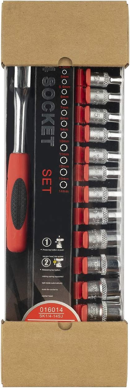 Jetech 14PC 1/4" Drive 4-14mm Socket Wrench Kit, Metric CR-V Sockets, Quick Release Spanner, Includes Storage Rack，Heat-Treated Chrome Molybdenum Alloy Steel, 6-Point Design, SAE