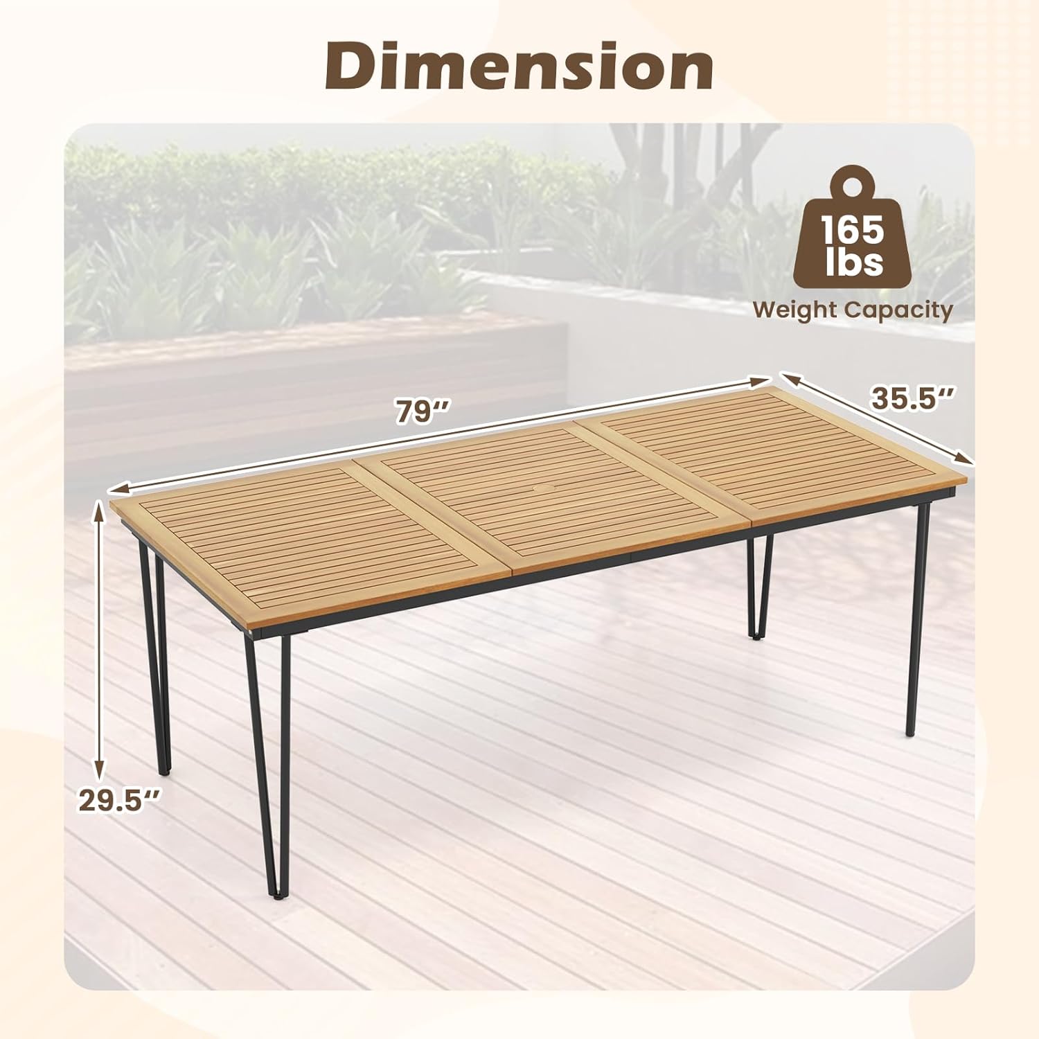 RELAX4LIFE Wooden Outdoor Dining Table for 8, 79" Rectangular Table w/Acacia Wood Slatted Top, Umbrella Hole & Metal Legs, Indoor Outdoor Bistro Table for Porch Garden, 8-Person Patio Dining Table