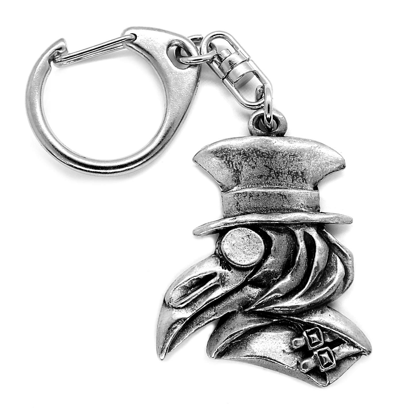 Gothic Plague Doctor Pewter Pushgate Keyring in a Grey Burlap Pouch.