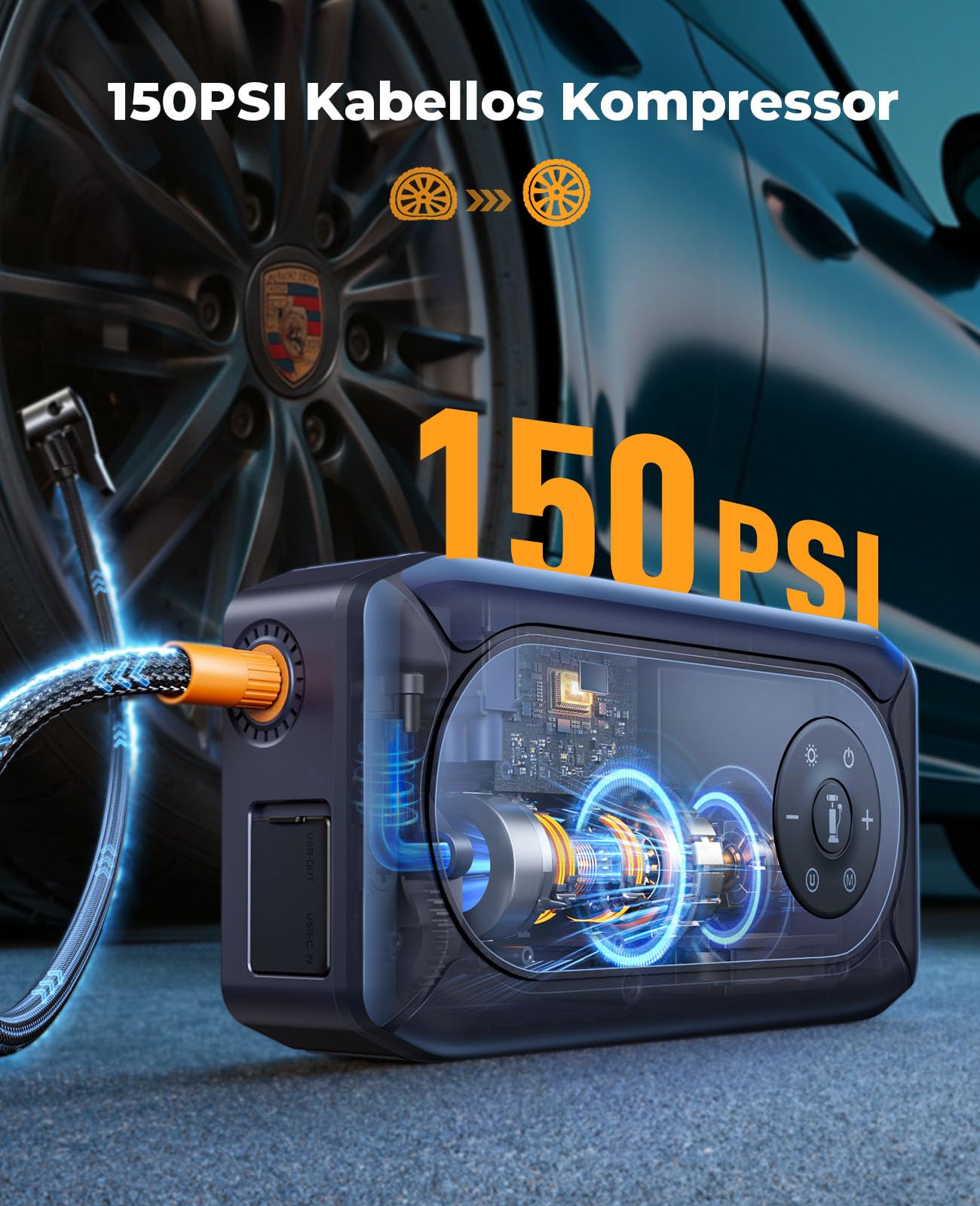 6000A Starthilfe Powerbank für Pkw mit Kompressor 150PSI, Auto Starthilfe Powerbank für Alle Benzin und 10.0L Diesel, Starthilfe mit 500 Lumen 4 Modi LED Licht und 3.3'' LCD Display, YaberAuto AP02