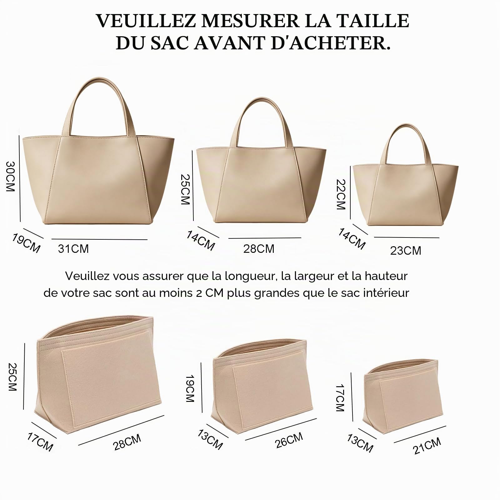 Organisateur de Sac en Feutre avec Plusieurs Poches, Insert de Sac à Main Léger avec Poche Zippée, Organisateur pour Tote Bag, Beige, L