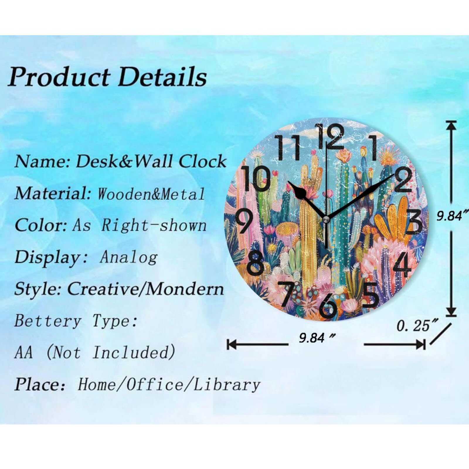 ZzWwR Large 10 Inch Decor Round Wall Clock, Exotic Colors Blooming Cactus Watercolor Battery Operated Analog Quiet Non Ticking Desk Clock for Home/Kitchen/Living Room/Bedroom/Bathroom/Office