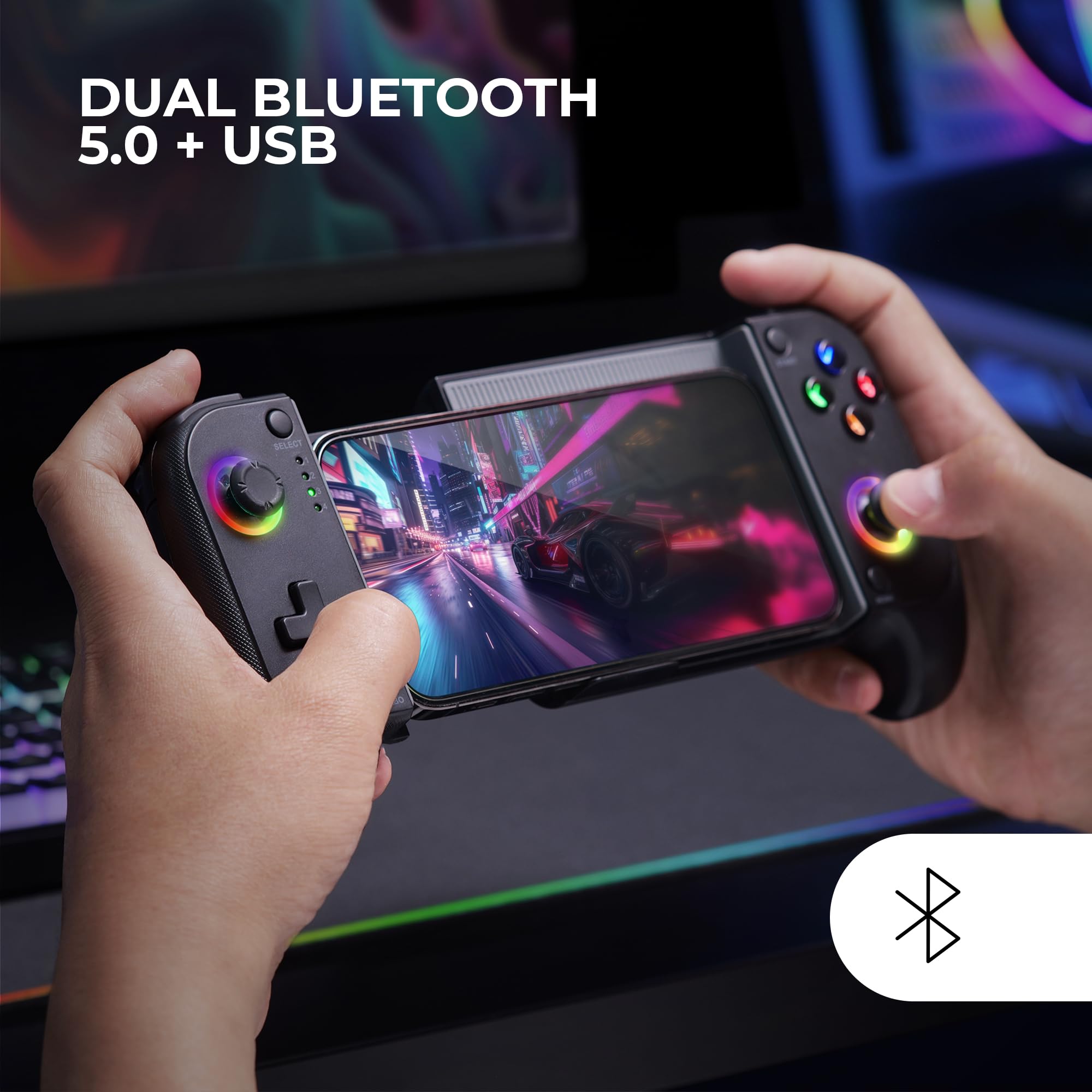 Mars Gaming MGPX, Gamepad Bluetooth 5.0 2en1, RGB Neon, Vibración Dual y Función Turbo, Soporte Smartphone Hasta 6.8", Mando Multifunción Compatible PC, Android, iOS y Consolas, USB-C y Funda, Negro