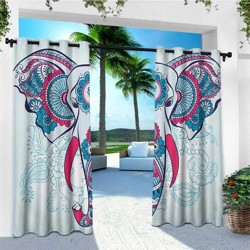 leinuoyi Henna, Outdoor Curtain Kit, Doodle Style Elephant with Many Different Flower Concepts and Vibrant Color Scheme, Outdoor Curtain Set for Patio Waterproof W72 x L96 Inch Blue Hot Pink