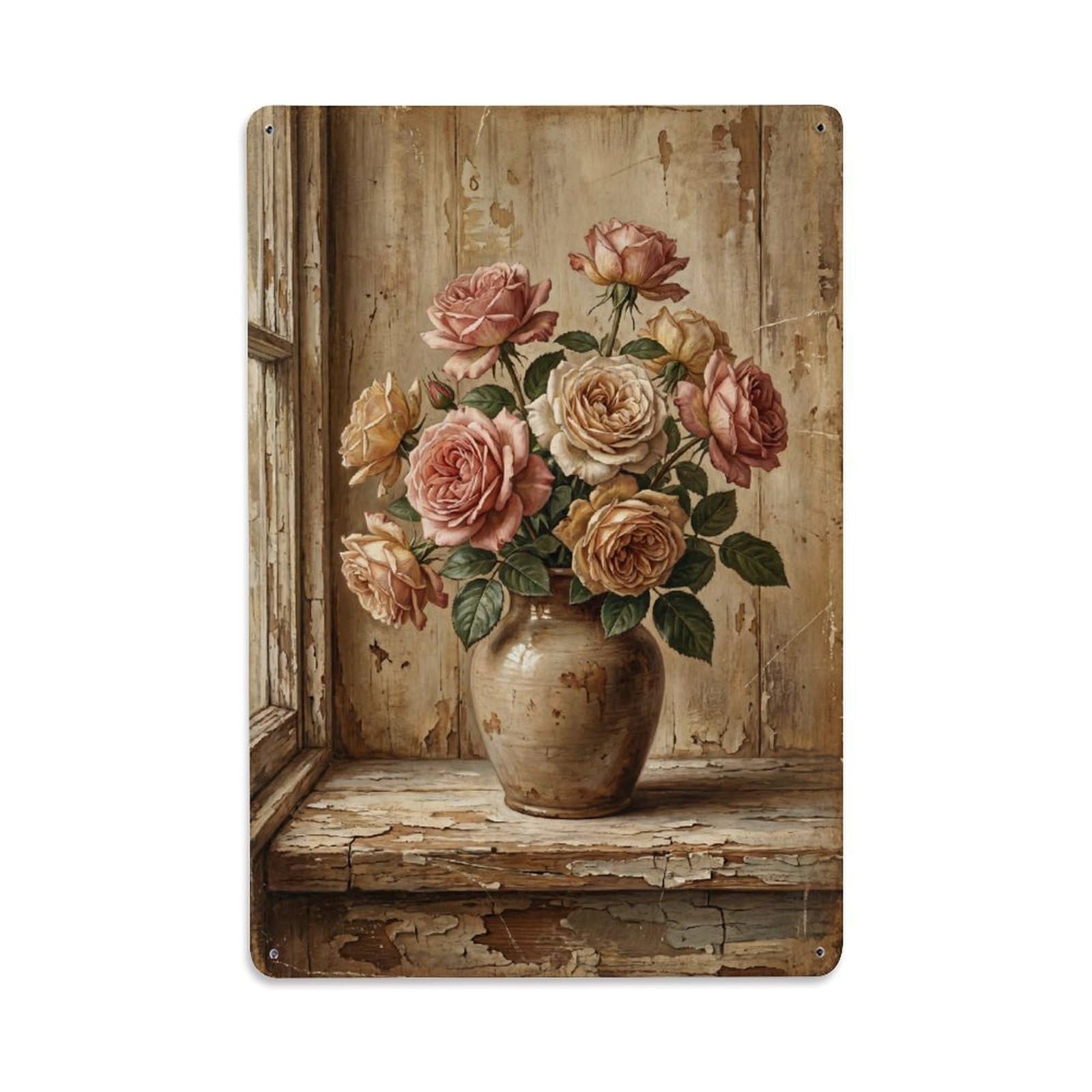 Roses Vase Windowsill Farmhouse Vintage Metal Tin Sign Plaque Wall Decor for Cafe, Club, Garden Metal Poster 8x12Inch