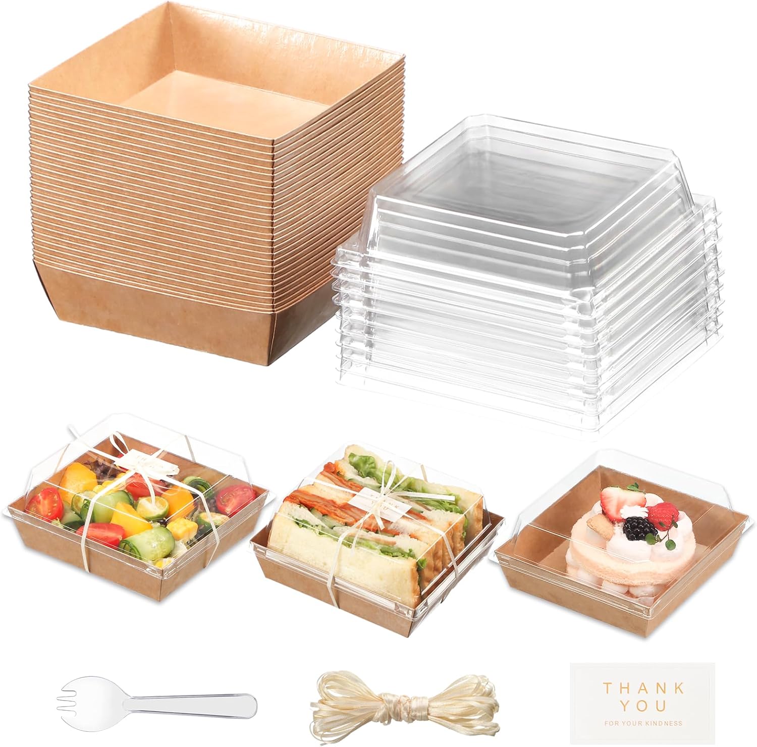 100pcs Smal Charcuterie Boxes with Clear Lids - Disposable Food Containers for Desserts,Boxes for Sandwich, Cake Slice Packaging, Fruit,Salad,Perfect for Bakery Treats,(Brown, 5.3 * 4.9 * 2.5 in)