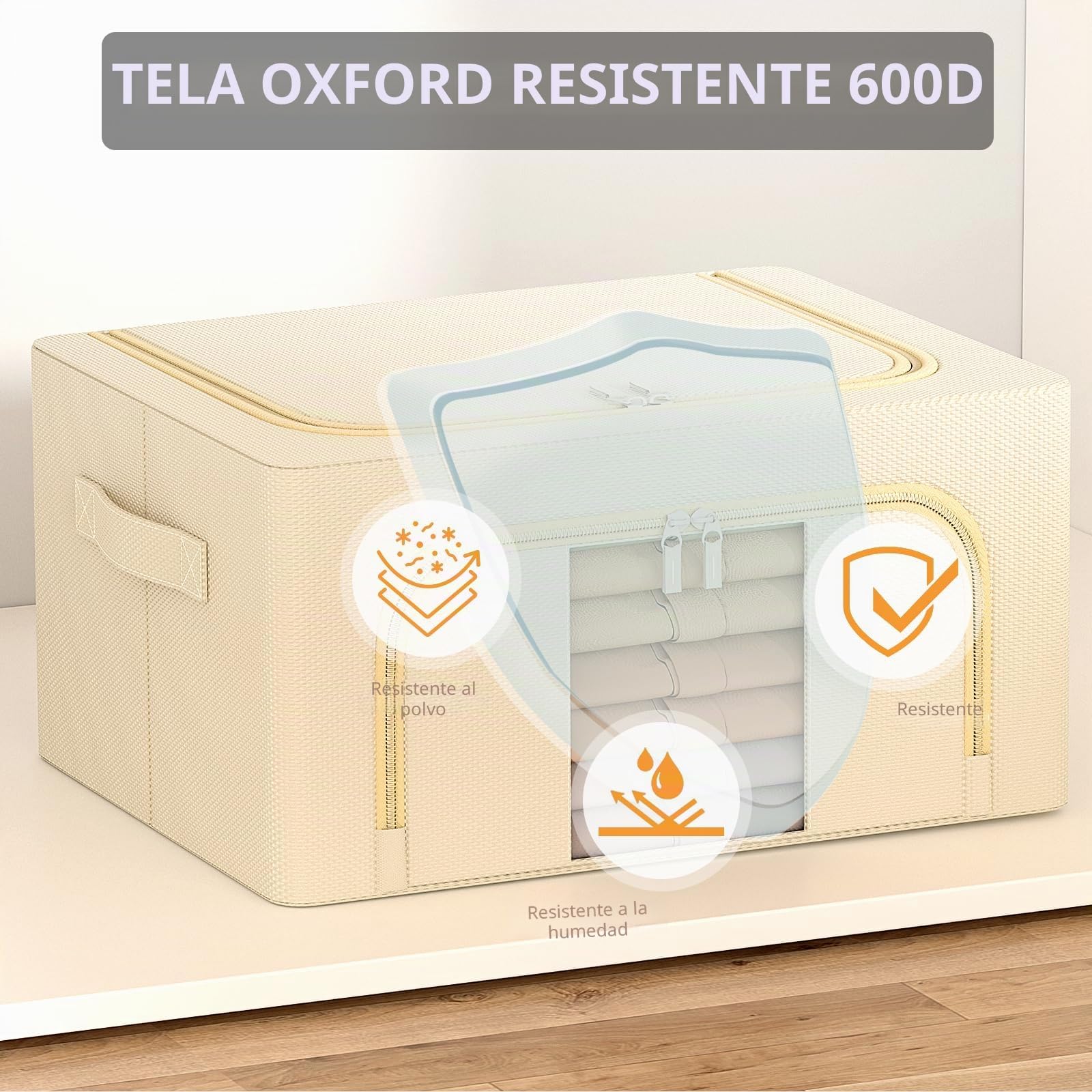 GoMaihe 3 Piezas Cajas Almacenaje Ropa - Material de tela Oxford Bolsas Para Guardar Ropa Plegable con Asa Reforzada y Ventanas Transparentes Adecuado para el almacenamiento diario de ropa (24L Beige)