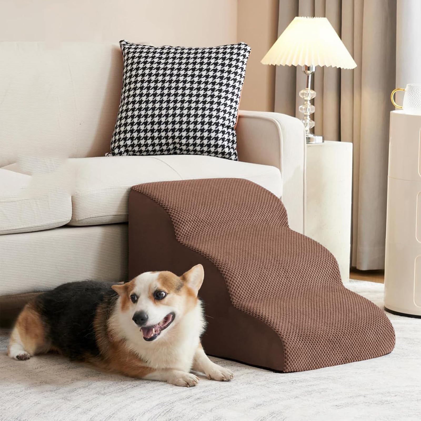 HIKKY High Density Foam Dog Stairs Ramp for Beds Couches, Extra Wide Pet Steps with Durable Non-Slip Waterproof Fabric Cover, Dog Slope Stairs Friendly to Small Dogs and Cats or Pets Joints (Brown)