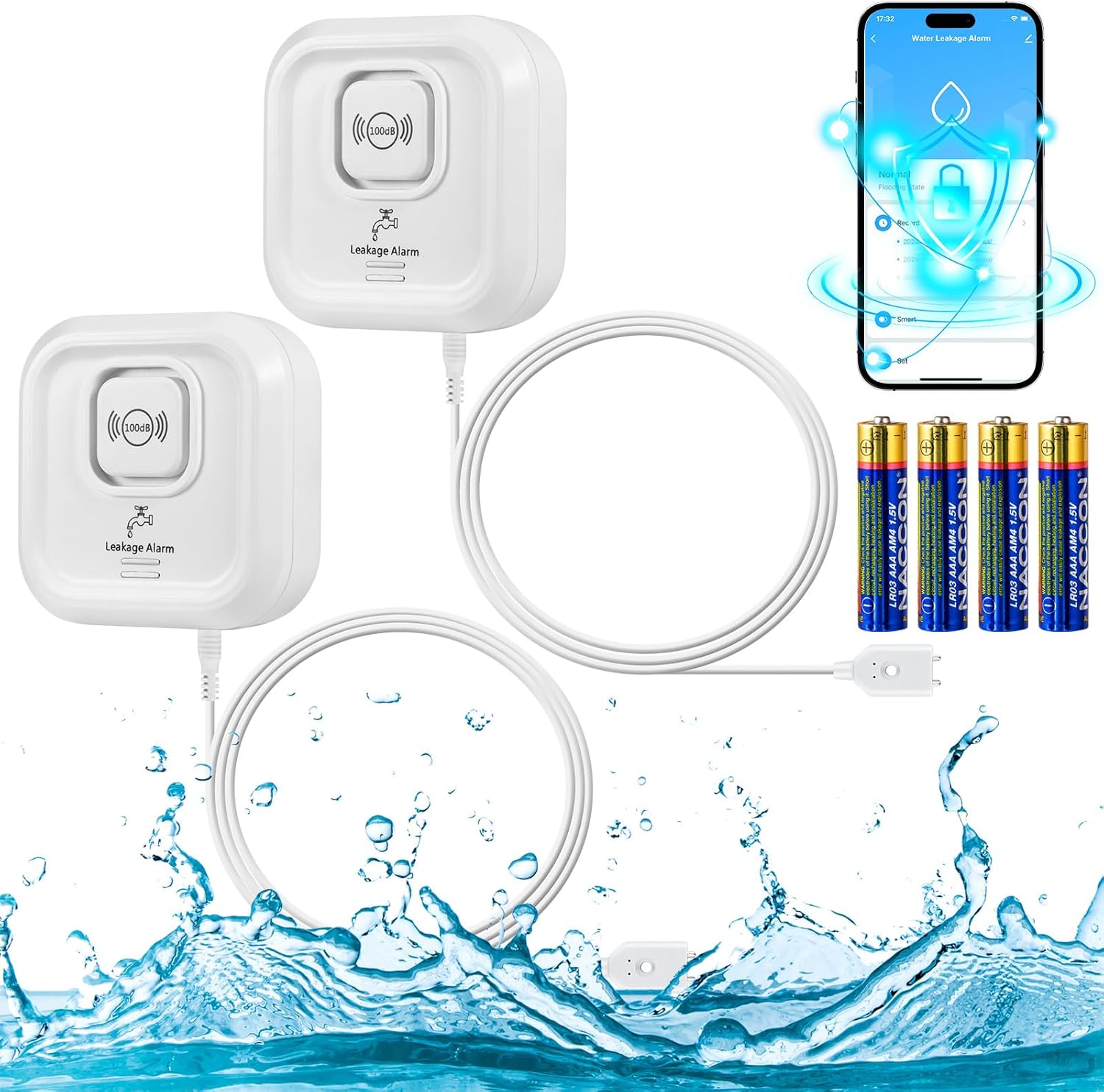 Watermelder, wifi, 100 dB, luide watersensor, watermelder met Smart Life-app-afstandsbediening, wateralarm voor keuken, kelder en badkamer, 2 stuks met batterijen