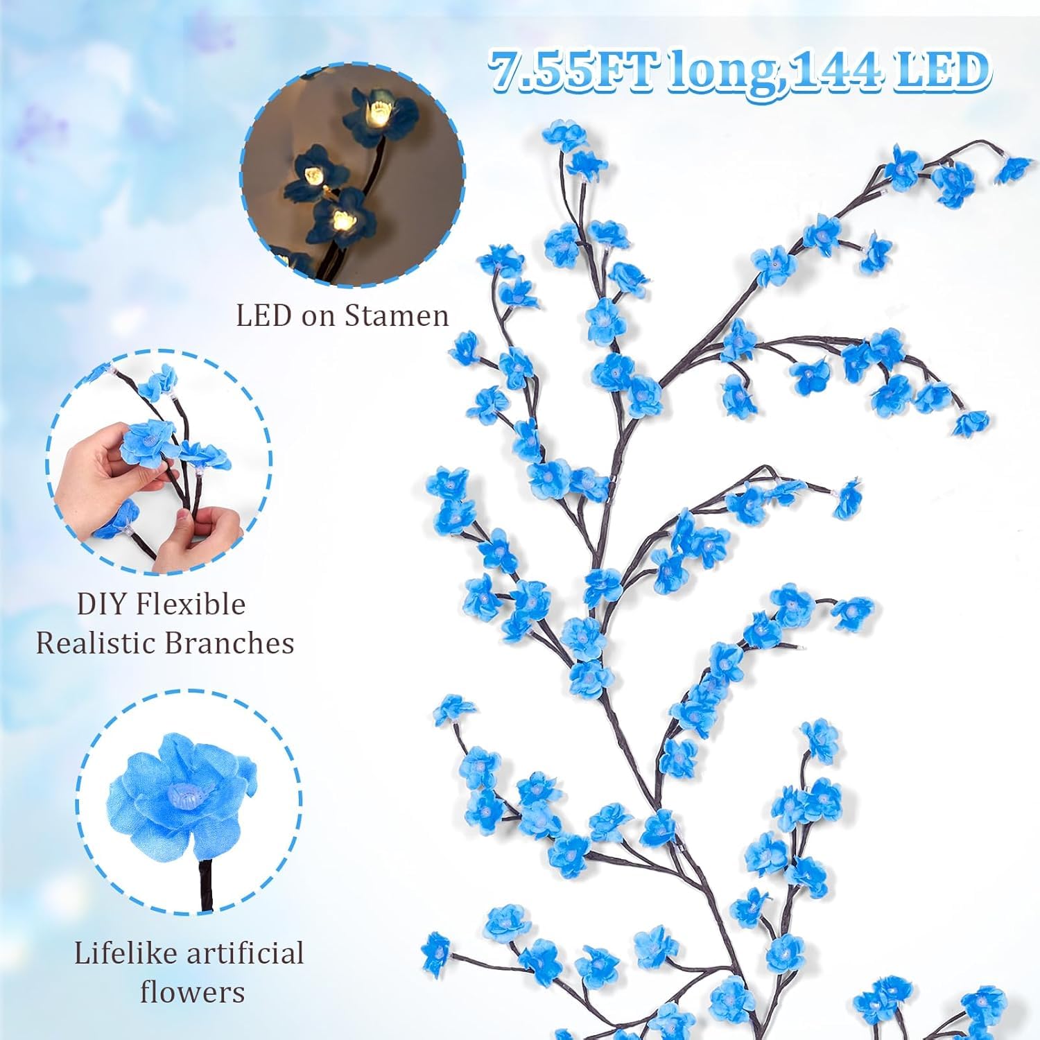 gresonic Leichte Kette, Rosa, Dekoration, USB, Weidenrebe mit Fernbedienung, 8 Modi, Zweig, Rosa, für Wein, Dekoration, Schlafzimmer, acht Dekoration (Blue Cherry Blossom 144 LED)