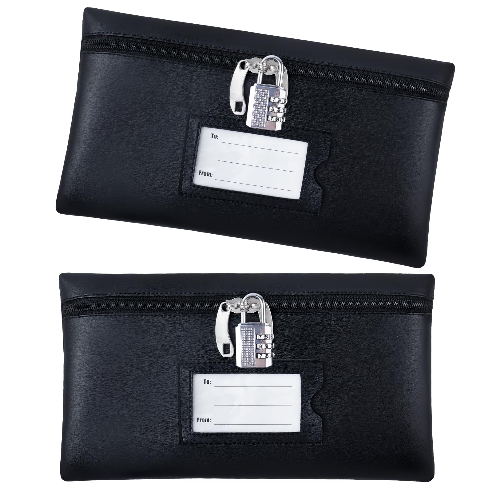 Yelsky 2Pack Locking Cash Pouch,11"x 6" PU Leather Cash Pouch with Zip Waterproof Money Pouch for Coins Cash Keys Bills with Transparent Window for Commercial Banks or Personal Use,Black Money Pouch