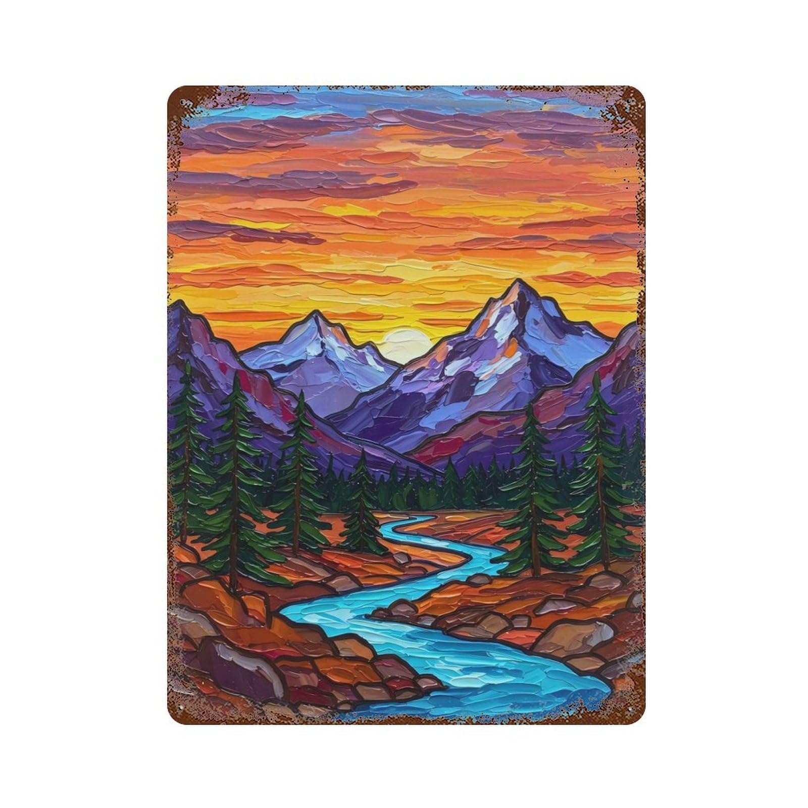 Mountain Sunset River Vintage Rust Metal Sign 15.7"x11.8", for Pub, Kitchen And Man Cave Decor, Rustic Home Decor