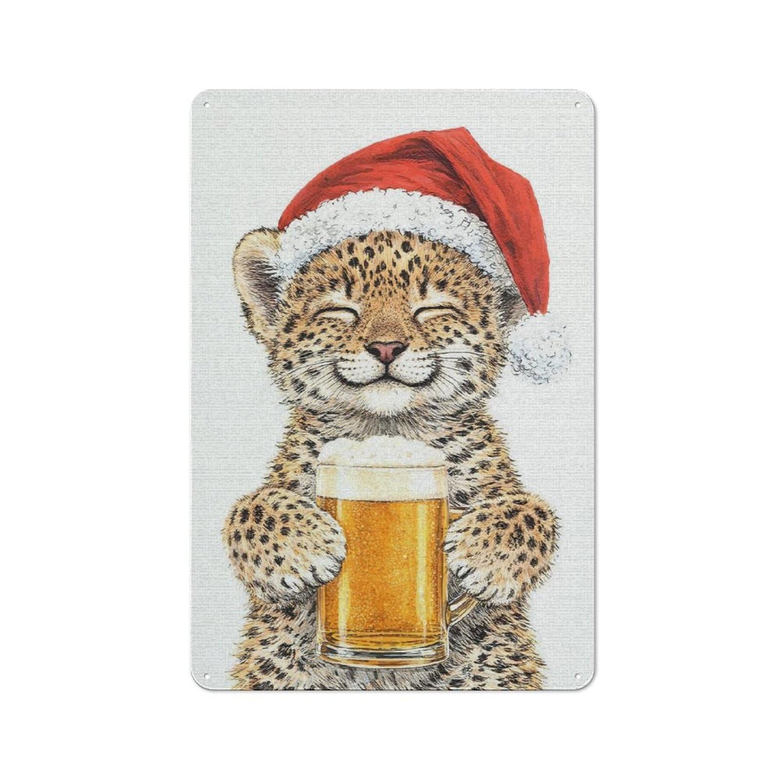 Junmoney Style-4 Cute Leopard Cub With Beer And Santa Hat Rustic Tin Wall Plaque 30X20cm For Hobby Room Or Studio, A Christmas Gift For People Styling Hobby Room And Studio
