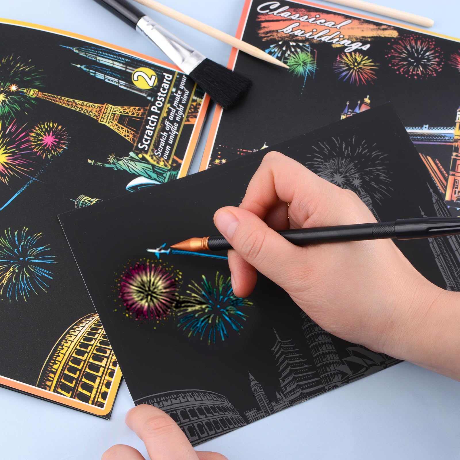 URROMA 8pcs Scratch Painting Rainbow Paper Set Rainbow Painting Scratch Off Doodle Paper Scratch Paper Arts Kits with Tools Landscape Scratchboard - Image 3