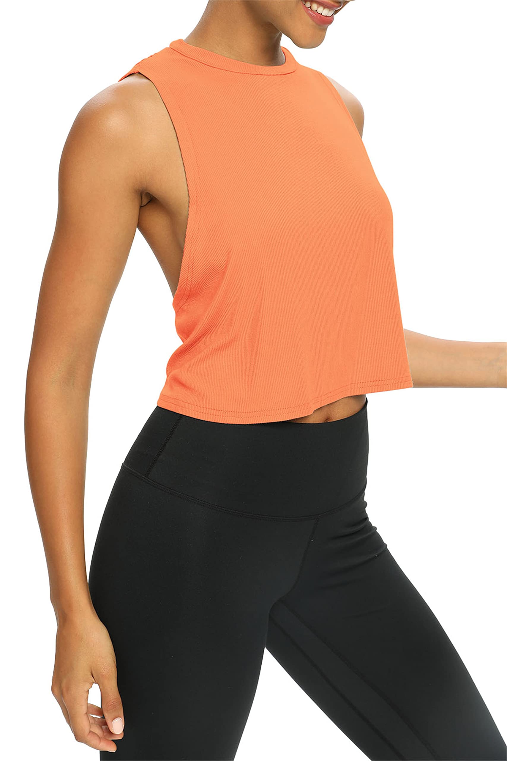 Bestisun Damskie topy treningowe luźny krój, zwiewne, przycięte bezrękawniki, koszulki sportowe z odkrytymi plecami, krótkie topy dla kobiet, pomarańczowy, XL