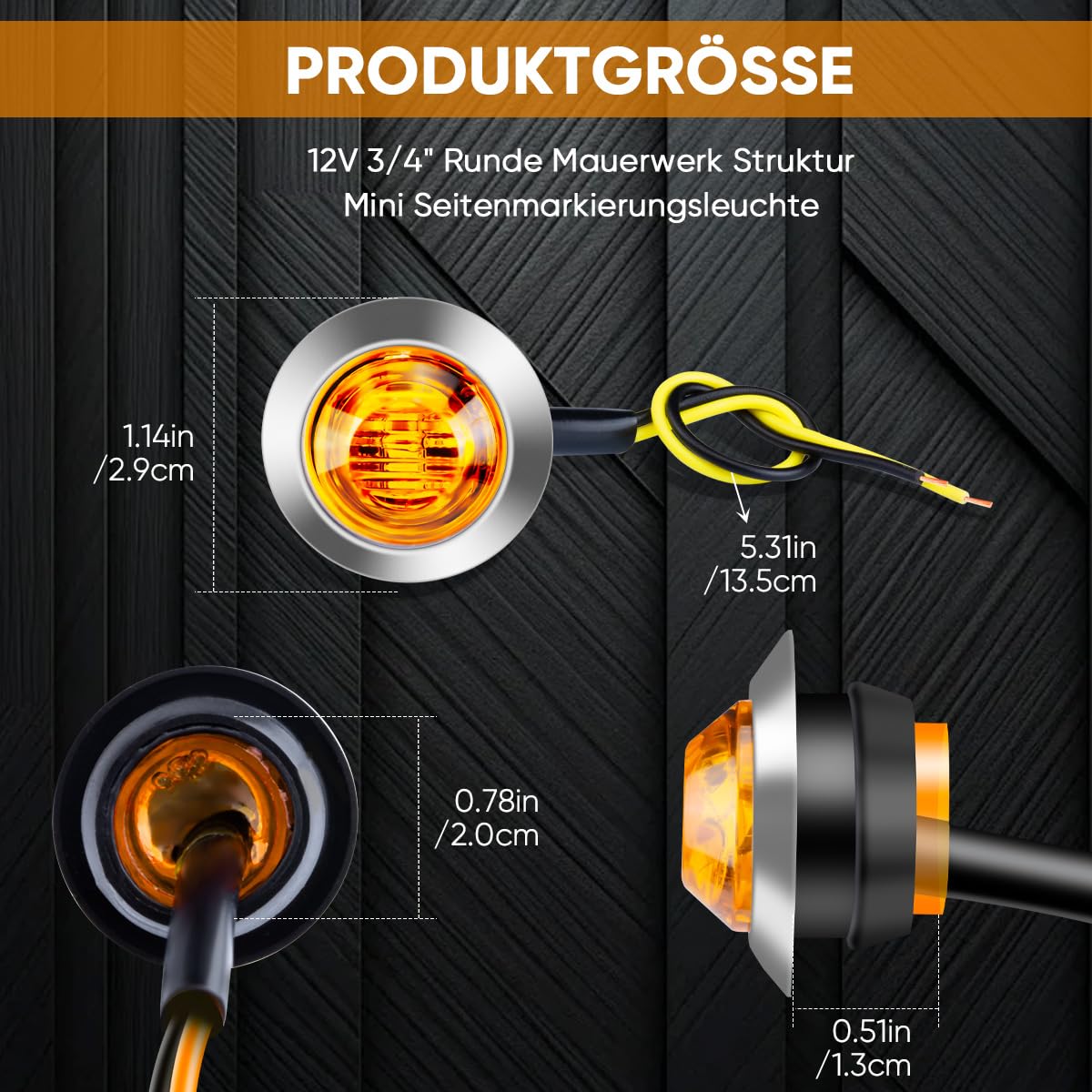 10 sztuk okrągłych świateł bocznych LED 3/4", 1,9 cm, 12 V, 24 V, uniwersalne światła kontrolne, światła pozycyjne do przyczep ciężarowych (żółte, z chromowanymi końcówkami)