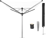 Brabantia Lift-O-Matic Advance Extérieur 4 La ligne de vêtements du bras (164 ft/Ø 1.97") Taille réglable, pliage des vêtements Sac de séchage + Spike terrestre, couverture + Sachet de épingles (Gray)