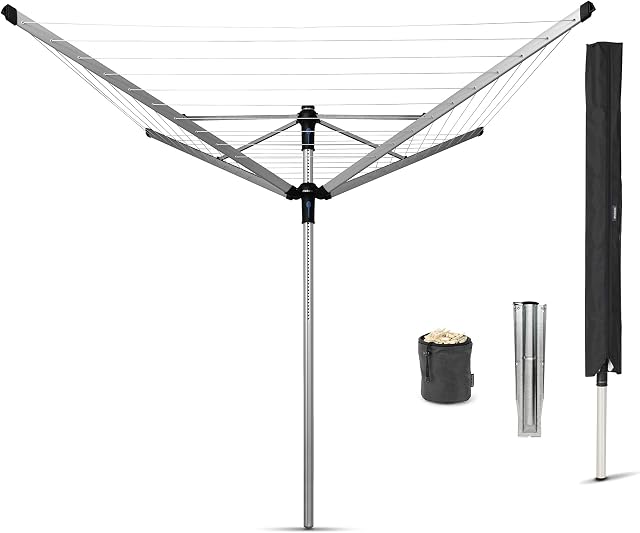 Brabantia Lift-O-Matic Advance Extérieur 4 La ligne de vêtements du bras (164 ft/Ø 1.97") Taille réglable, pliage des vêtements Sac de séchage + Spike terrestre, couverture + Sachet de épingles (Gray)