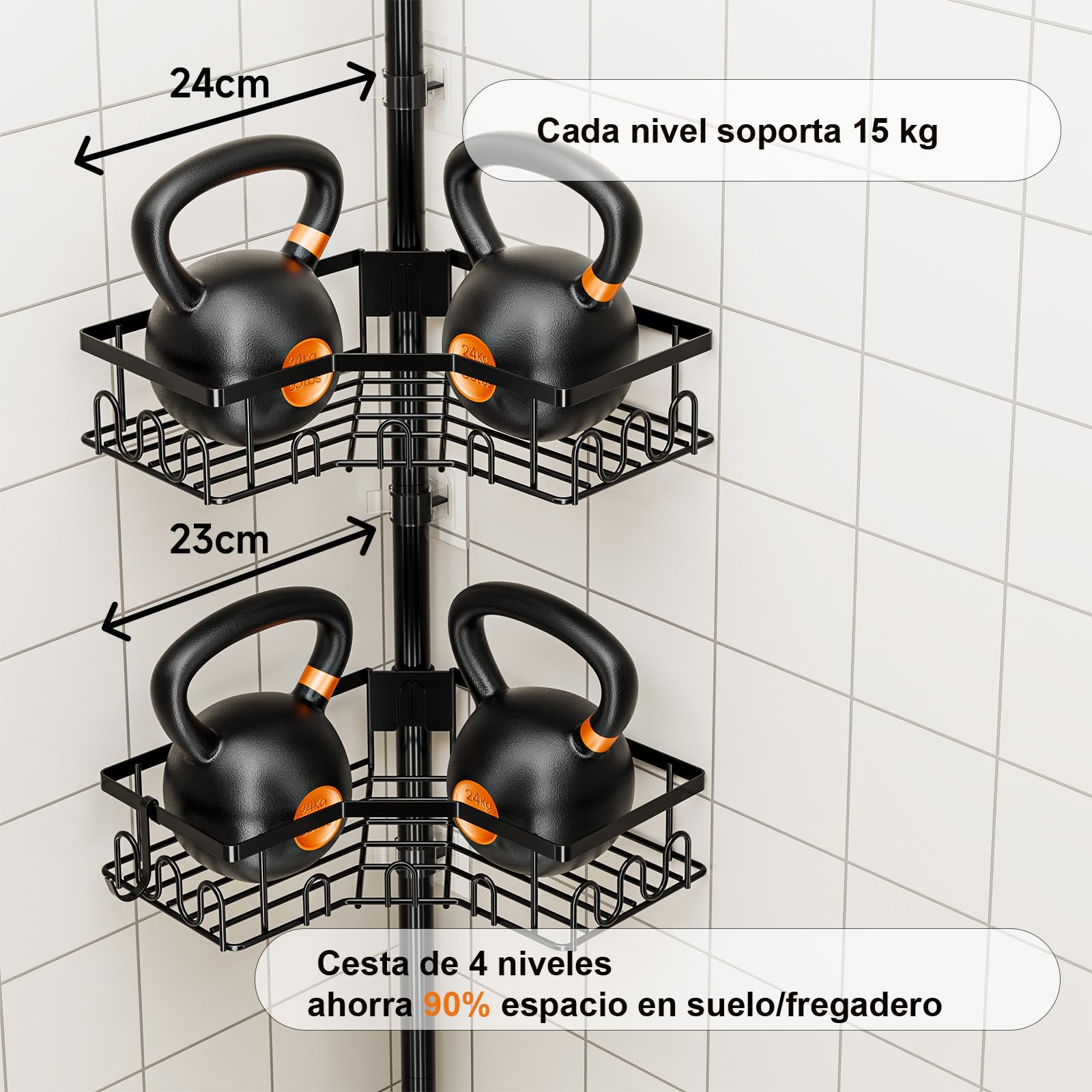 Telescópica Estantería Ducha - Altura Ajustable 86-298 CM, Estanteria baño Sin Taladro, Esquina Estante Ducha, Estanteria Ducha Telescopica con 4 Cestas para Bañera y Baño，Negro | Altura ajustable, 86-298 cm, 4 estantes, estante de ducha organizador