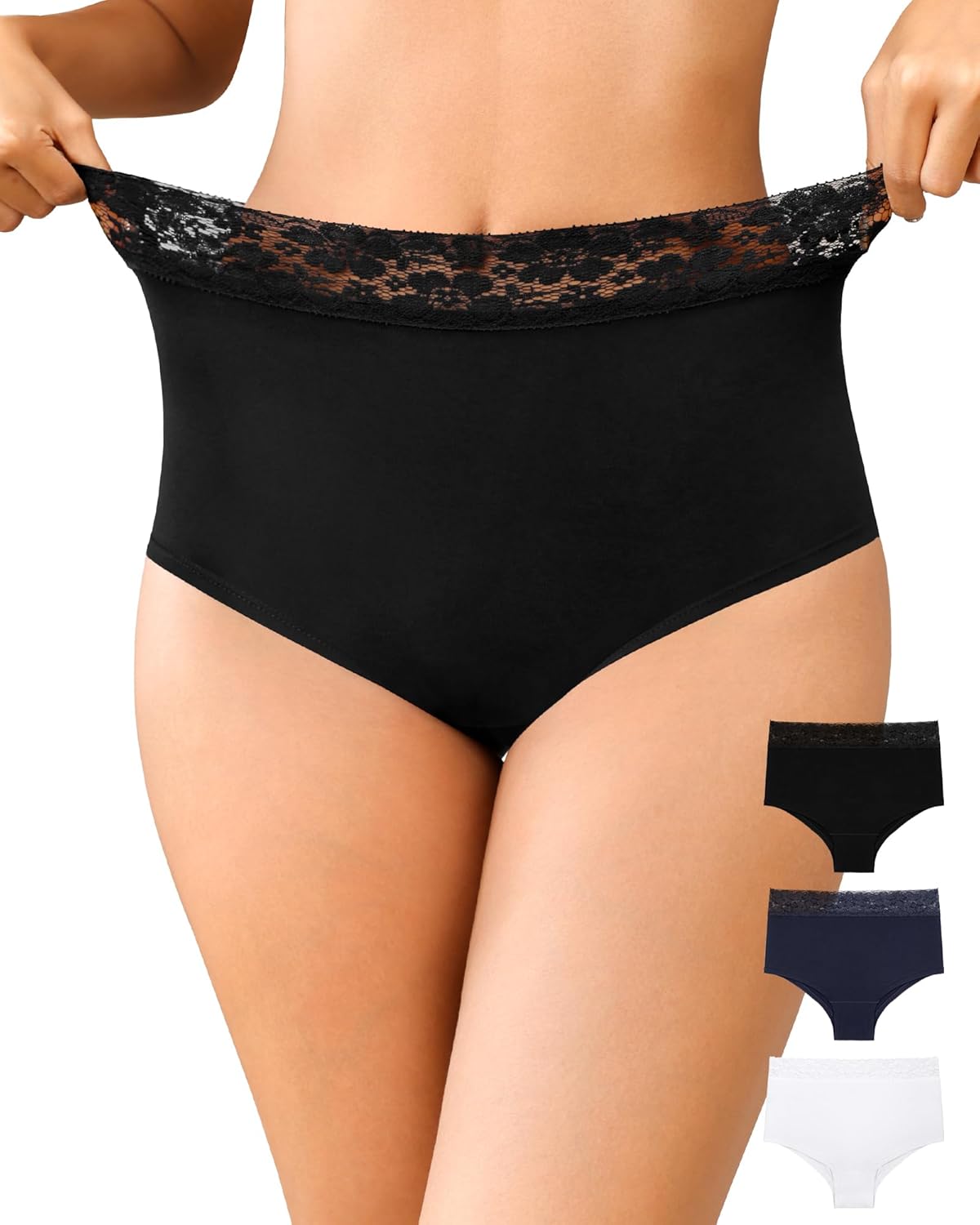 OLIKEME Womens High Waisted Underwear Cotton Bikini Panties Sexy Lace Hispter No Show Soft Stretch Cheeky Panties 3 Pack X-Large Multicolored 3 Pack