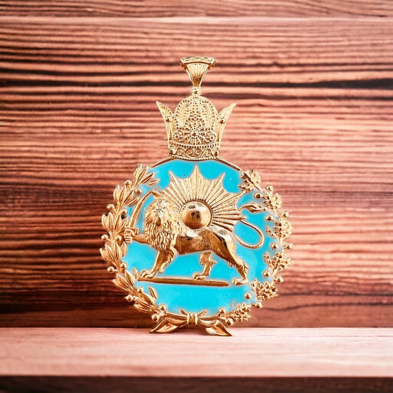 22K Gold plaited Blue Inlay Imperial Lion & Sun Coat of Arm Persia Persian Farvahar Pahlavi Shah 925K Silver Pendant Necklace,Mythology Mens Gift Iran