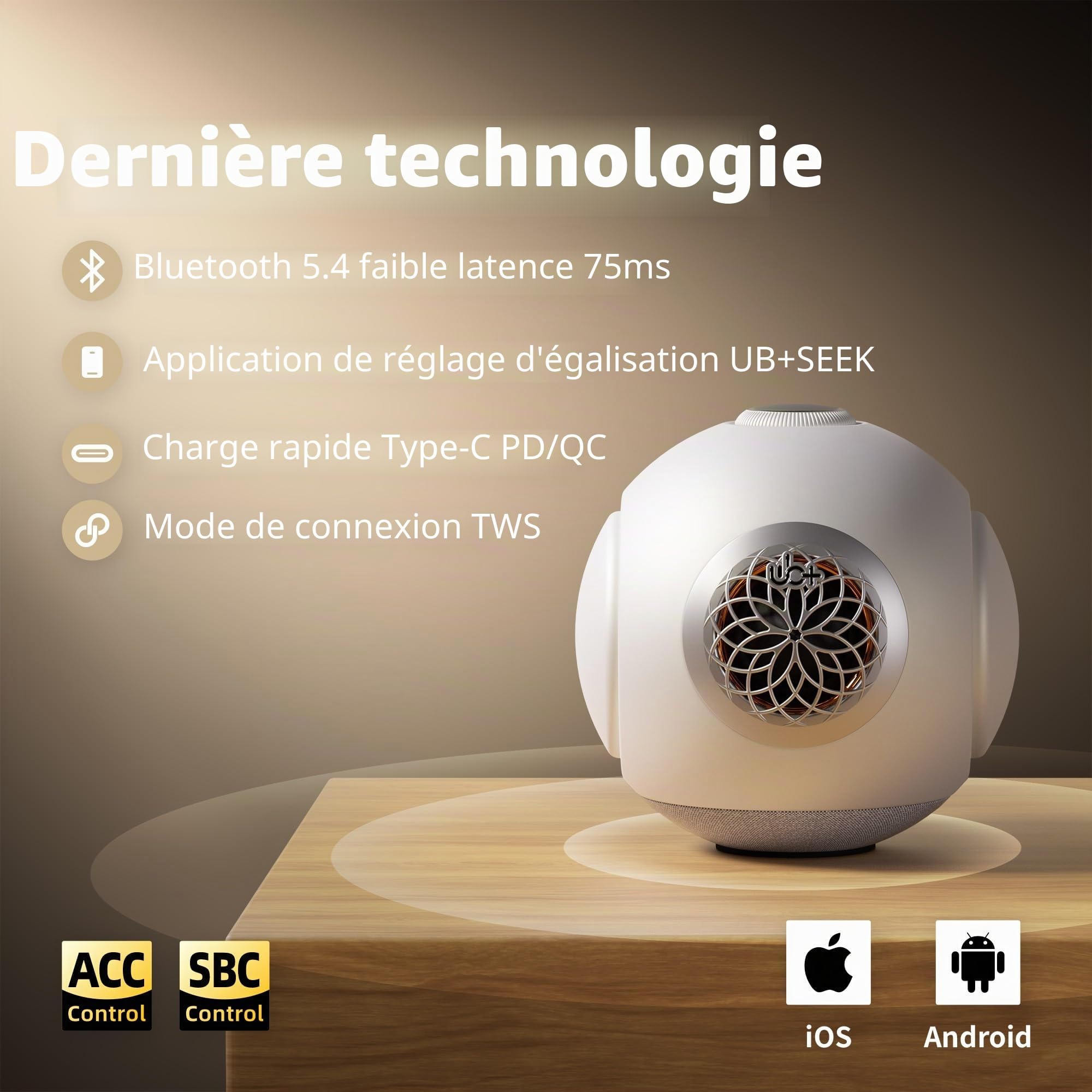UB+ dBMiNi, Enceinte Bluetooth Portable, Hi-FI, Ultra-Basses, Sphérique | Enceinte compacte, Longue autonomie, Double basse, Étanchéité, TWS, Idéal pour l'extérieur / la maison(Blanc Perle)