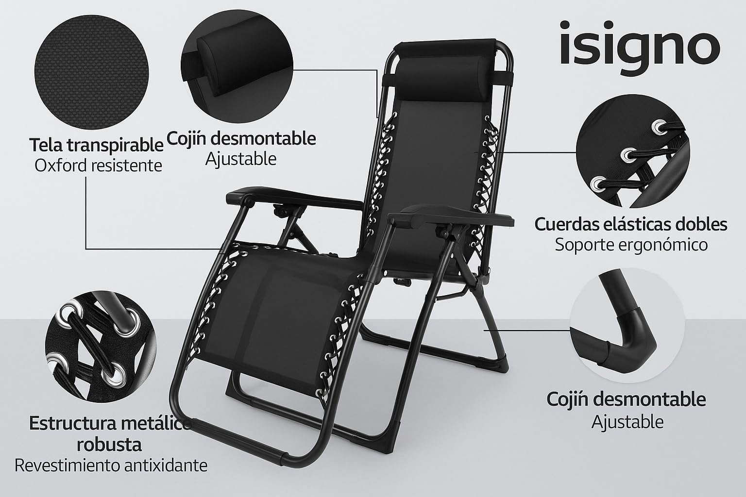 isigno Silla Reclinable Plegable Tumbona de Exterior para Jardín Camping Playa o Balcón Estructura Metálica Robusta Tela Transpirable