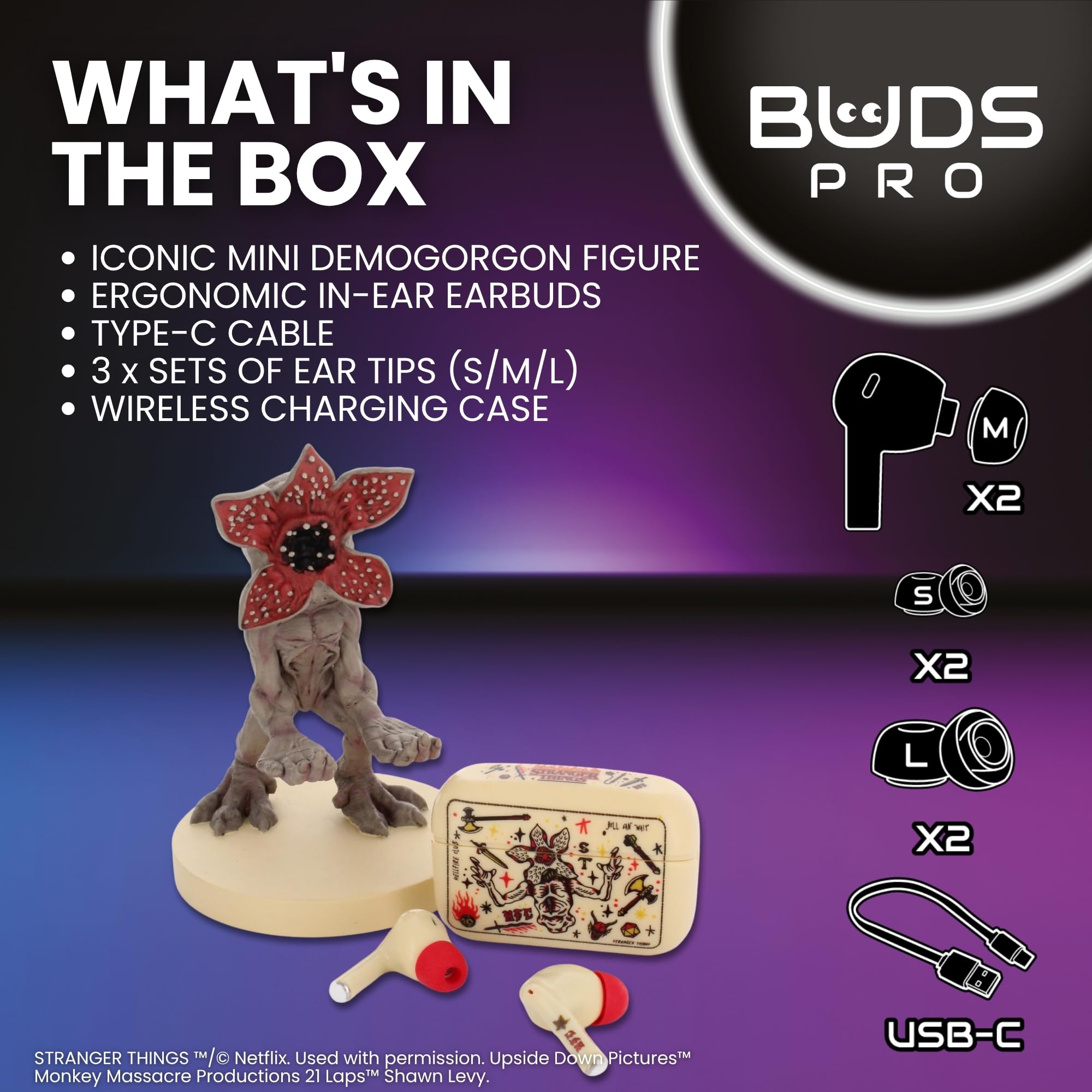 Buds Pro Stranger Things Hellfire Club Écouteurs Bluetooth sans fil et Support de téléphone - Écouteurs intra auriculaire avec micro, 28+ H d’autonomie, Réduction de bruit active et Certification IPX4