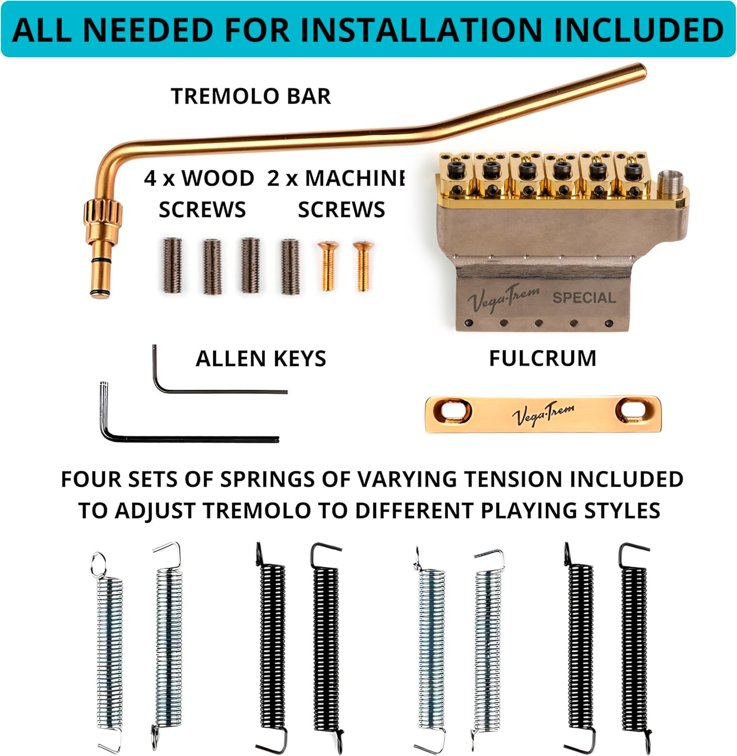 Vega-Trem VT1 - Ponte tremolo speciale per chitarra Stratocaster a 2 punti, per Stratocaster, senza mod, facile installazione (oro, destra)