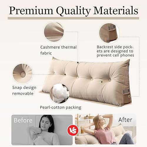 Miniatura 6 de Almohada triangular de cuña para cabecero, respaldo de cama, cojín grande extraíble con bolsillos laterales, soporte de posicionamiento para