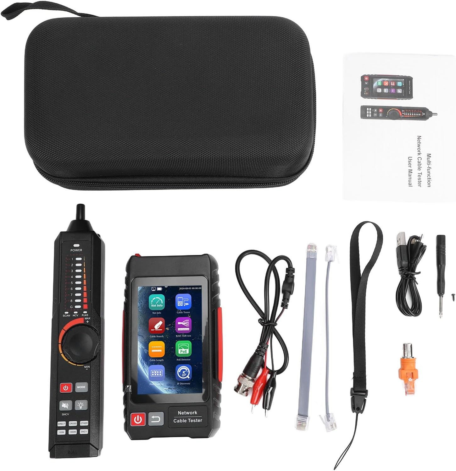 Multifunction Cable Tester, 4 Inch IPS Touch Screen UTP RJ45 Cable Tester and Tracker with PD Power NCV FTP Detection, for Ethernet Wire Length Measurement