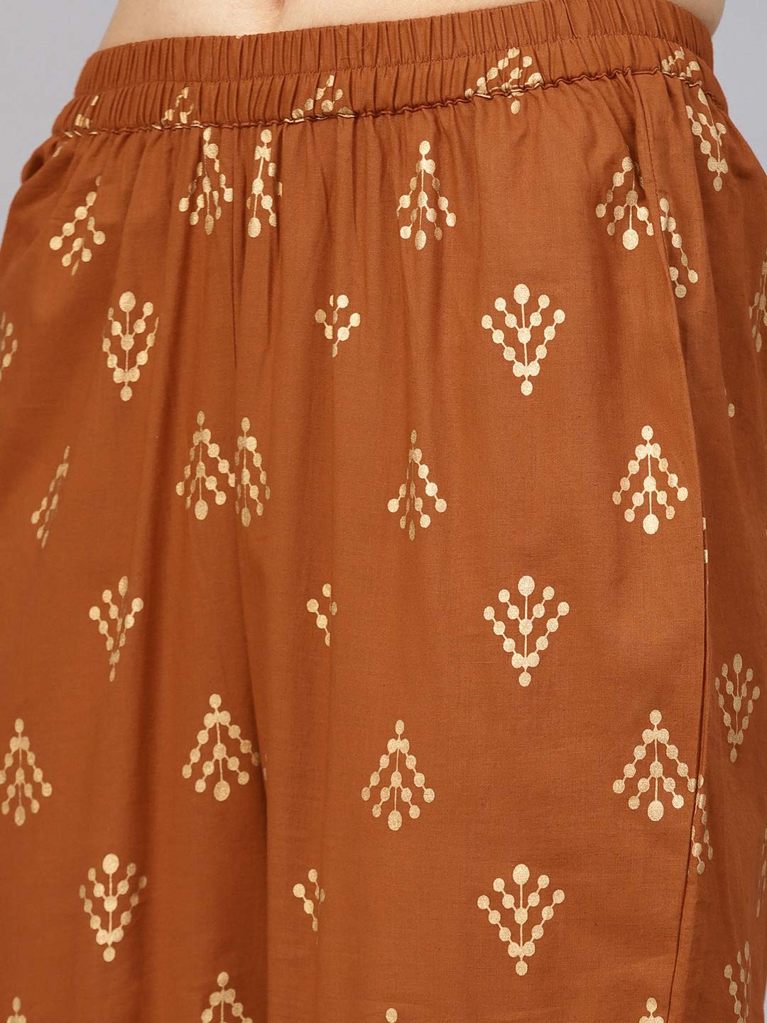 Idalia Womens Rust Gold Ethnic Kurta Set For Women Stylish Mandarin Collar Printed Cotton Kurta With Pant Set For Wedding & Festive