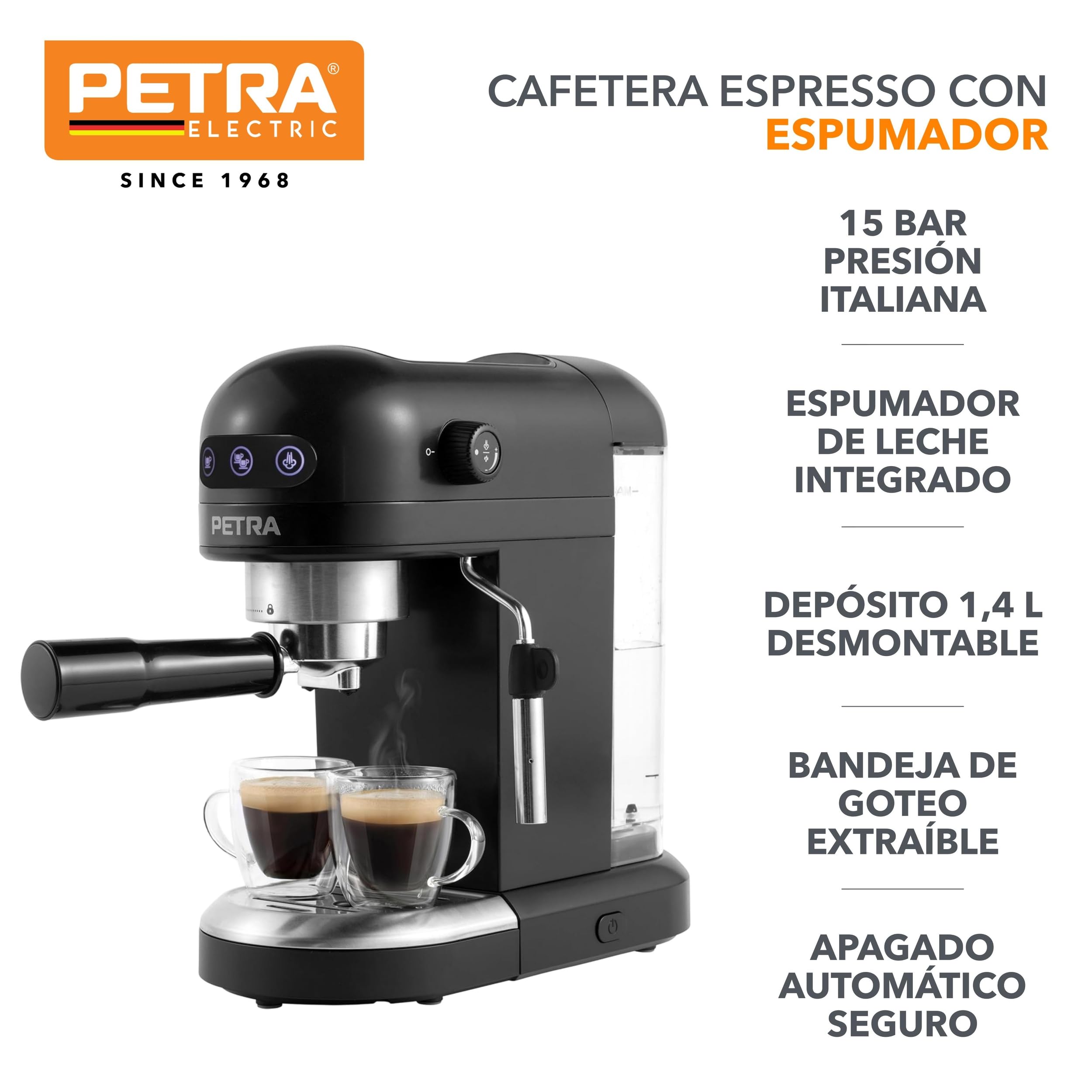Petra PT5240 Cafetera Espresso - con espumador de leche, depósito de 1,4 l, expreso de estilo barista simple o doble, Máquinabomba de presión italiana de 15 bares, apta para café molido, 1465 W, negra