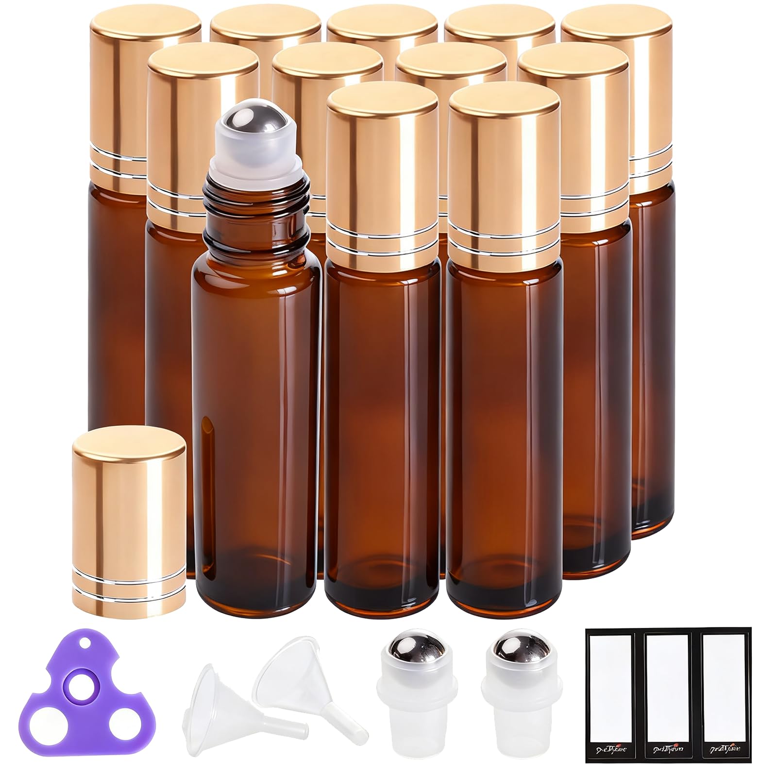 PrettyCare Essential Oil Roller Bottles 10ml (Amber Glass, 12pack, 2 Extra Roller Balls，24 Labels, Opener, 2 Funnels ) Roller Balls For Essential Oils, Roll on Bottles