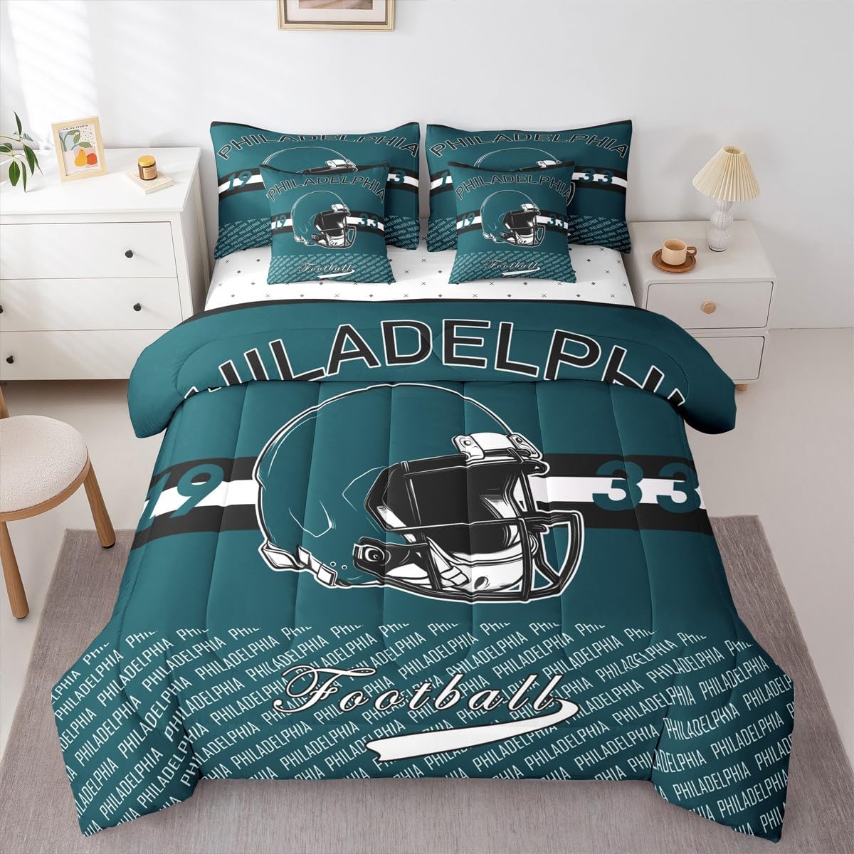 Feelyou Football Comforter Set with Sheets 7 Piece Full Size Philadelphia Bedding Set for Kids Boys Girls Football City Bed in a Bag Sports Games Room Decor Soft Lightweight Microfiber
