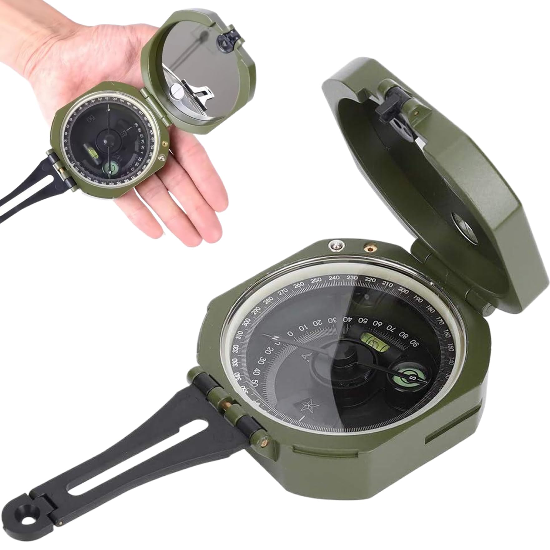 Boussole Militaire Haute Précision - Compas Multifonction Géologique Résistant à l'eau et aux Chocs, Idéal pour Activités de Plein Air, Couleur Vert Armée