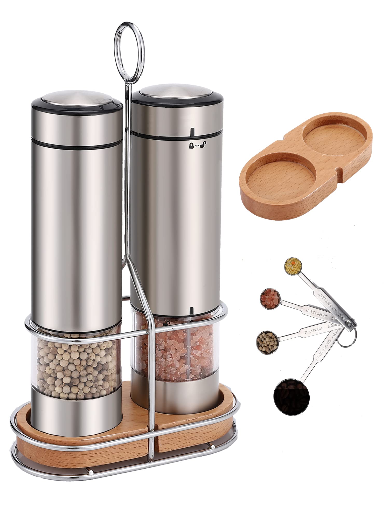 Electric Salt and Pepper Grinder Set with Stand and Tray| Battery Operated| Stainless Steel Auto Pepper Mill Grinder Refillable| One Hand Operation| LED Light| Adjustable Coarseness| 2 Pack