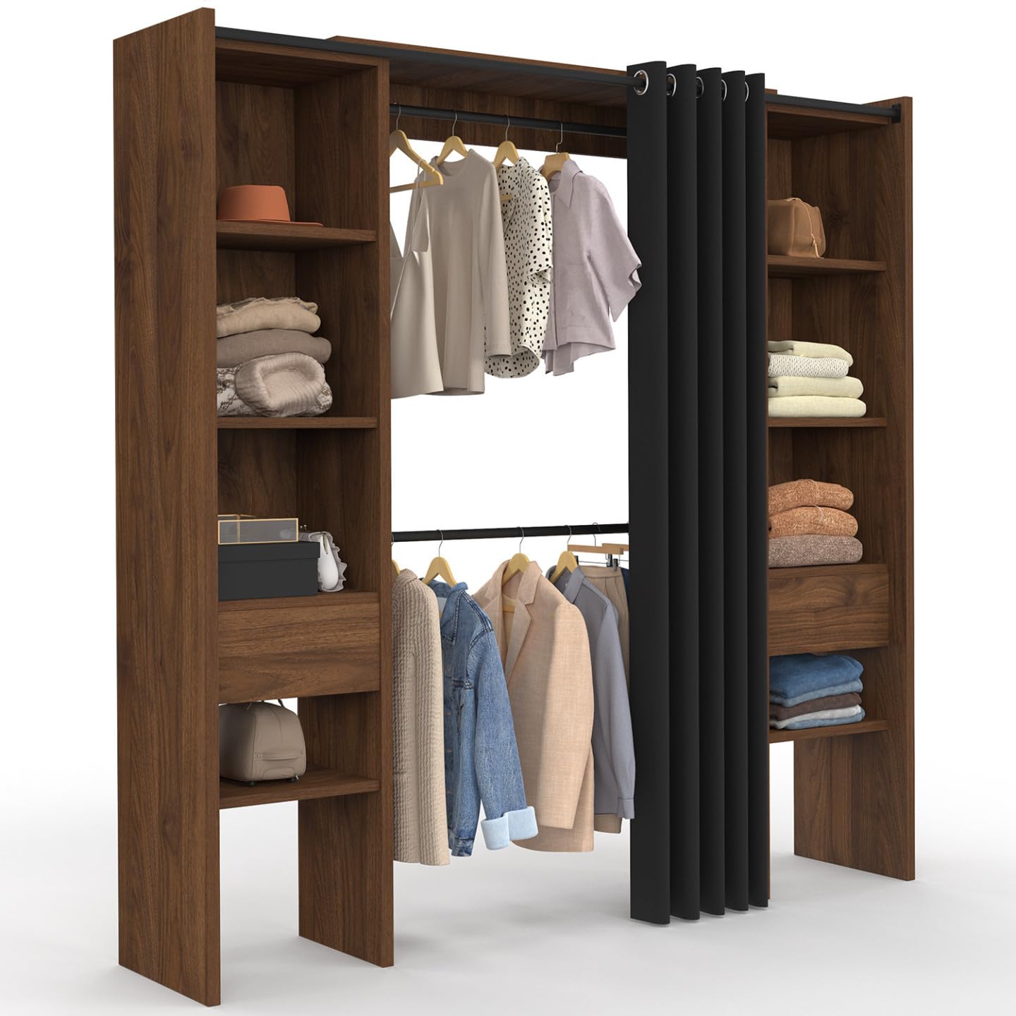 IDMarket - Dressing extensible double MERYL 120/180 x 50 x 180 cm noyer avec étagères + double penderie + rideau noir