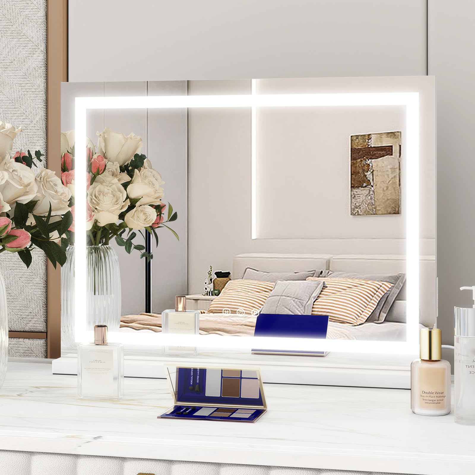 YOURLITE Miroir Maquillage Lumineux 58x45cm, Miroir LED Miroir Hollywood, 3 températures de Couleur, Touche Tactile, Port de Chargement USB, Loupe 10x, Installation Murale/sur Table pour Coiffeuse