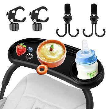 Stroller Snack Tray with Cup Holder Universal Stroller Food Tray Removable, Non-Slip Grip Clip for Stroller Bar Reusable Stroller Snacks Holder for Strollers with Round Armrests (A)