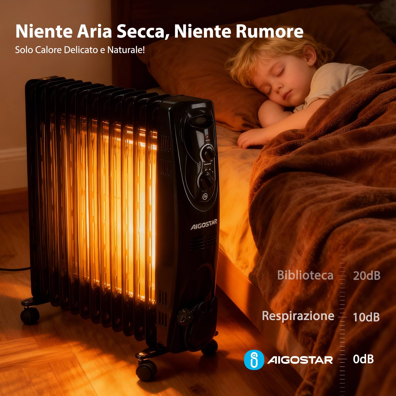 Aigostar Black Forest - Radiatore ad Olio 2500W, 13 Elementi Riscaldatore Elettrico Portatile, 3 Livelli di Calore, Termostato e Spegnimento Automatico di Sicurezza, Silenzioso, 55mq