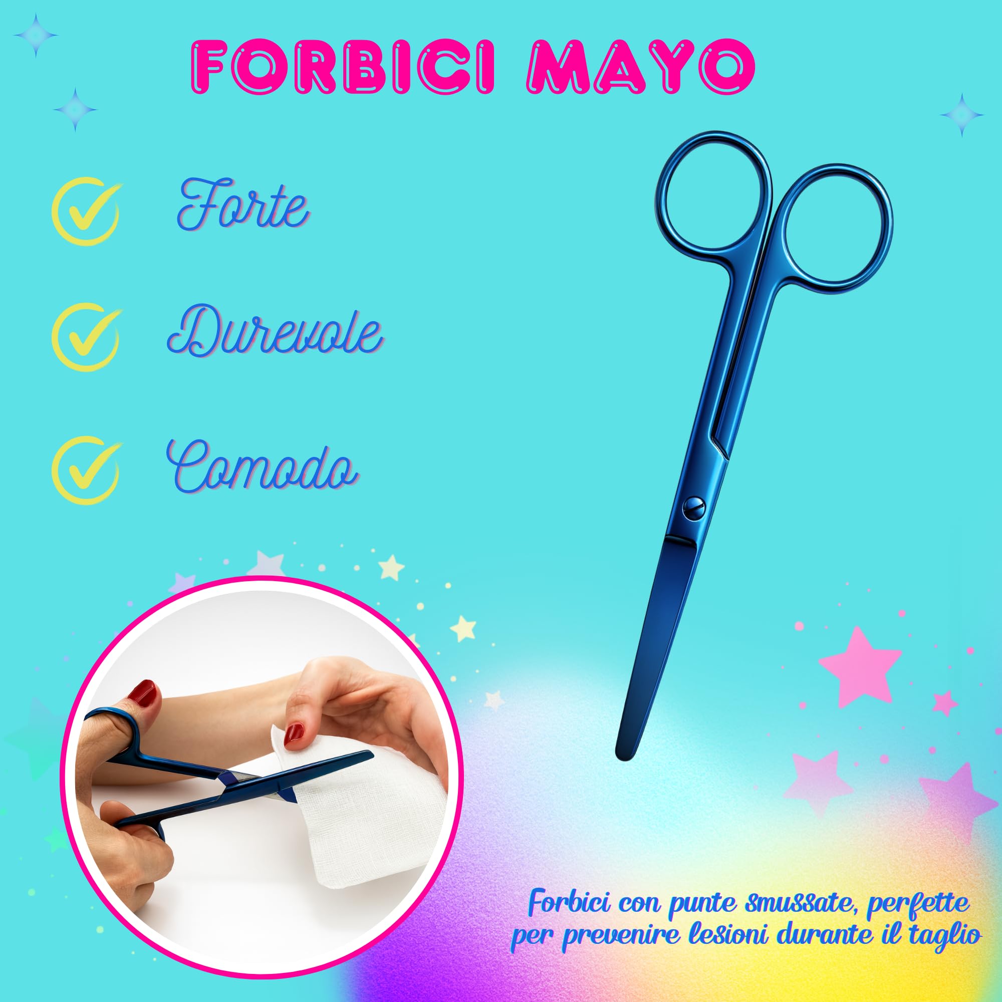 YUME Forbici da Infermiere in Acciaio Inox con Punta Arrotondata Professionali + Portachiavi Retrattile in Omaggio | Forbici Mayo | Regalo Perfetto per Infermieri | Accessori OSS/TCAE (AZUL)