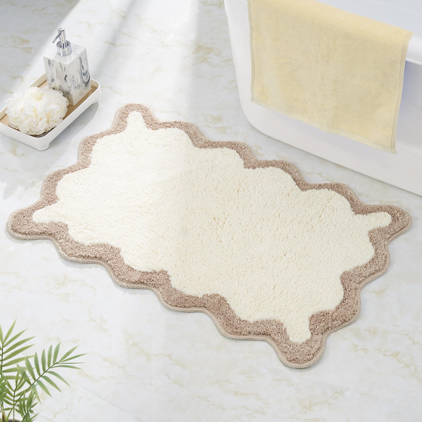 DyeFury Boho Bath Mat with Beige Sand Scalloped Edge, Microfiber Aesthetic Trendy Rug, Extra Soft Non-Slip for Shower and Bath Room 30'' x 20'' — image 1