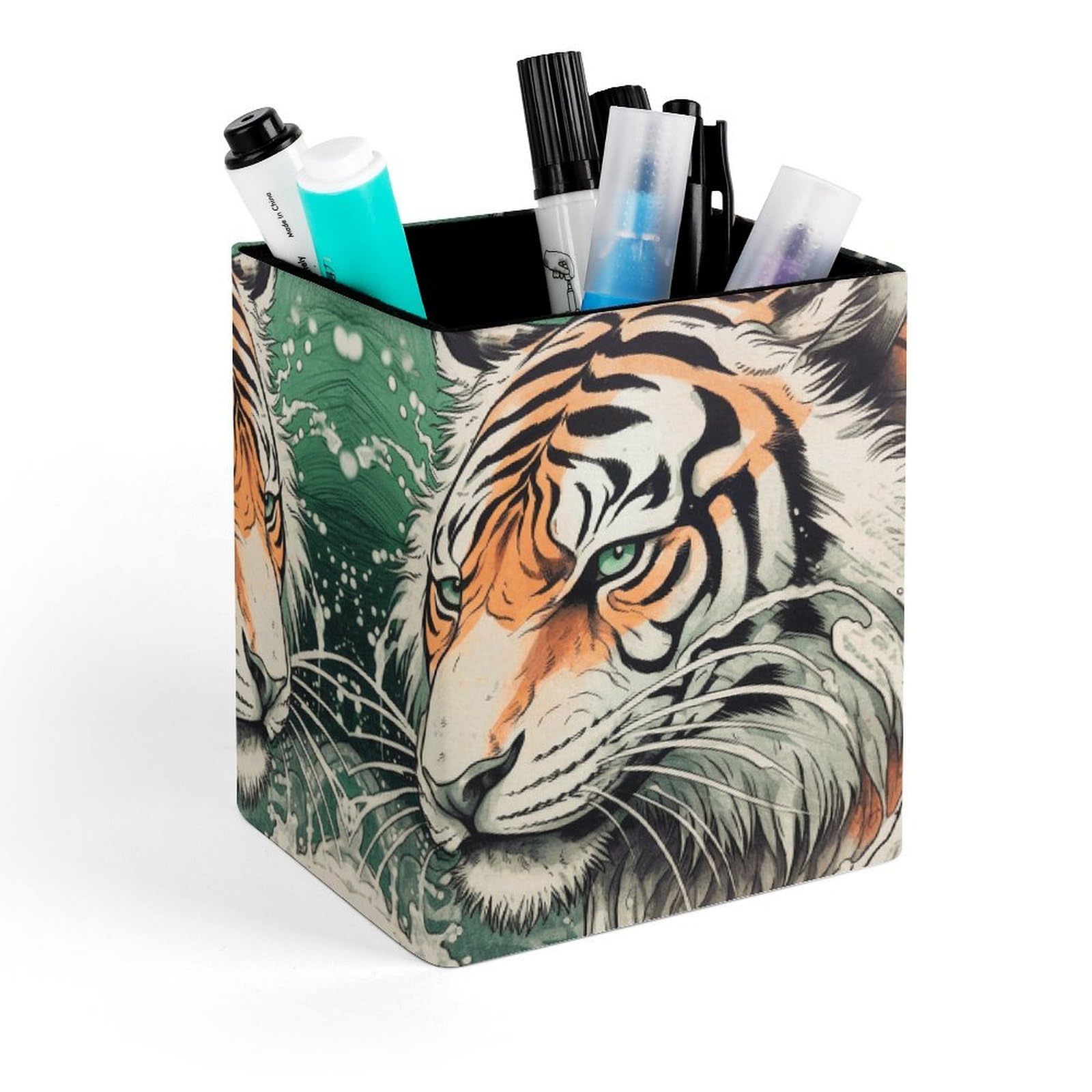 FekiLoot A Hand Drawn Tiger Pencil Holder Square Leather Pen Holder Cup Modern Multi-Functional Pencil Cup Holder Decorative Desk Organizer Caddy Makeup Brush Holders for Desk Office
