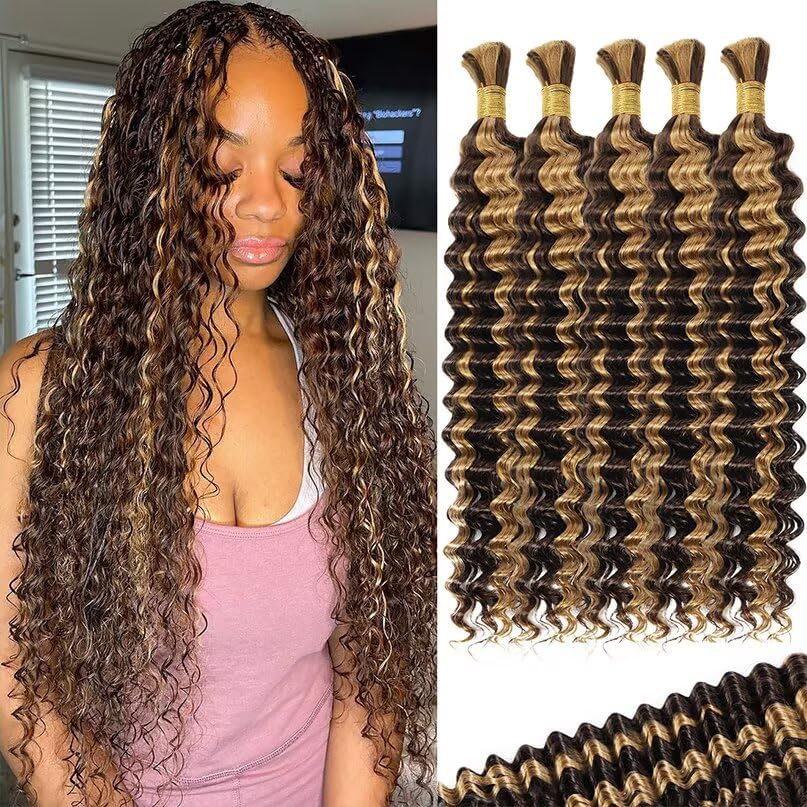 12A P4/27 Ombre Brown Blonde Human Braiding Hair for Boho Braids 5 Bundles 22 Inch 160g Deep Wave Braiding Hair for Bohemian Knotless Braids 100% Unprocessed Virgin Bulk Hair Extensions No Weft