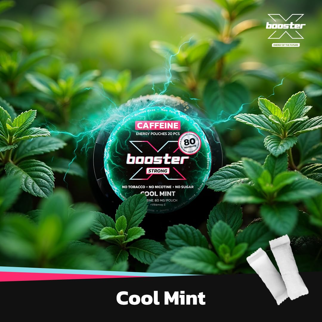 Woreczki Energetyczne X-Booster Cool Mint 80 mg, Saszetki Energetyczne z Kofeiną, Snus Kofeinowy o Smaku Cool Mint