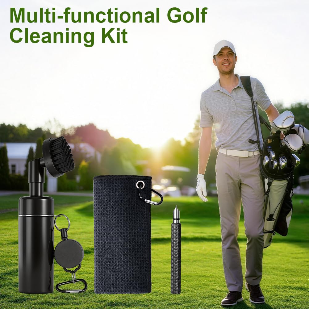 Vicloon Niezbędna szczotka do czyszczenia kijów golfowych, 3 zestawy akcesoriów golfowych, zestaw podstawowy do gry w golfa ze szczotką i ręcznikiem, narzędzie do ostrzenia rowków golfowych, prezent