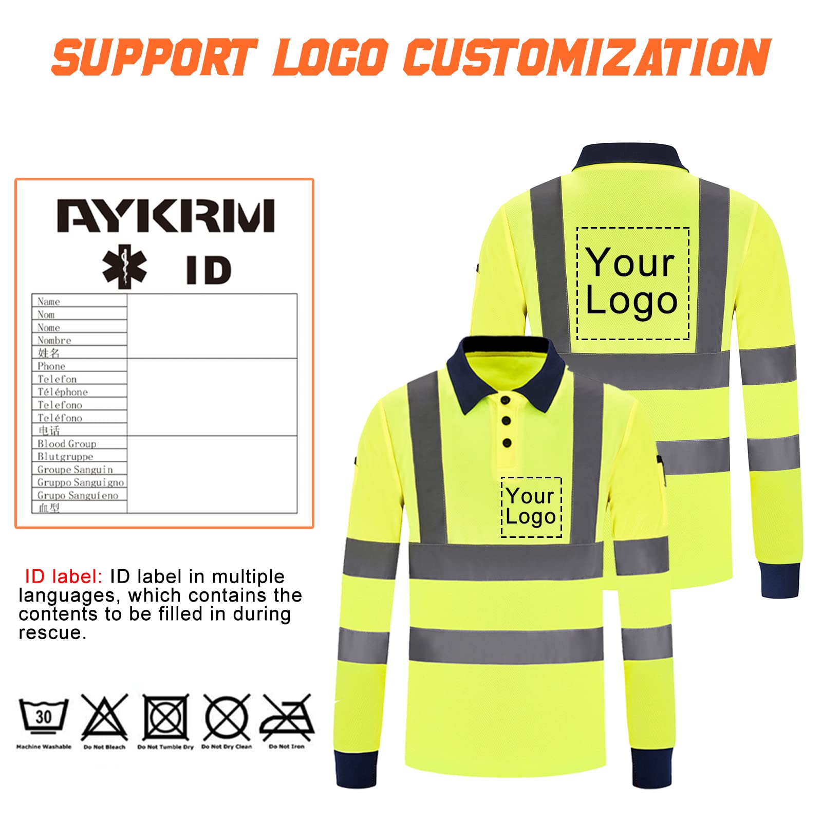 AYKRM Polo de sécurité Travail Haute visibilité Manches Longues